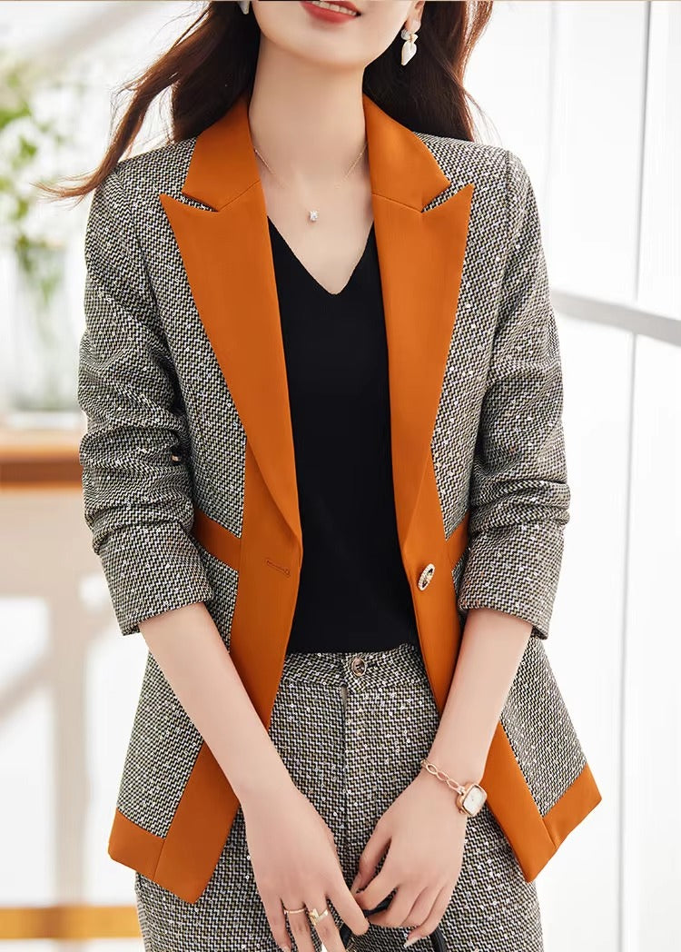 Casual Sequin Plaid Flare pant Full Sleeve Blazers Jacket Matching Two Piece Pants Suit Mssza