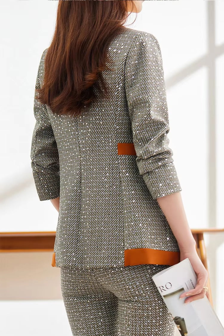 Casual Sequin Plaid Flare pant Full Sleeve Blazers Jacket Matching Two Piece Pants Suit Mssza