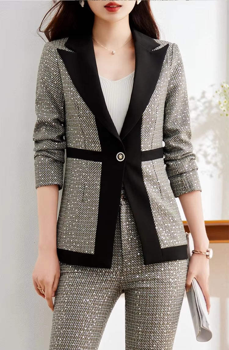 Casual Sequin Plaid Flare pant Full Sleeve Blazers Jacket Matching Two Piece Pants Suit Mssza