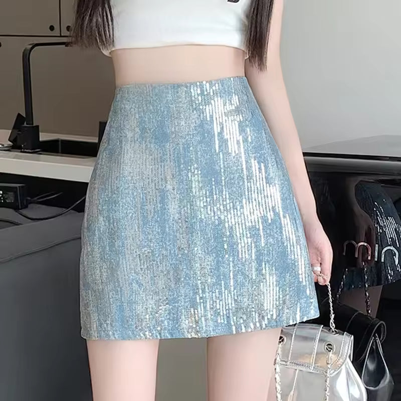 Casual Sequined A Line Mini Slim High Waist Skirts Streetwear Mssza