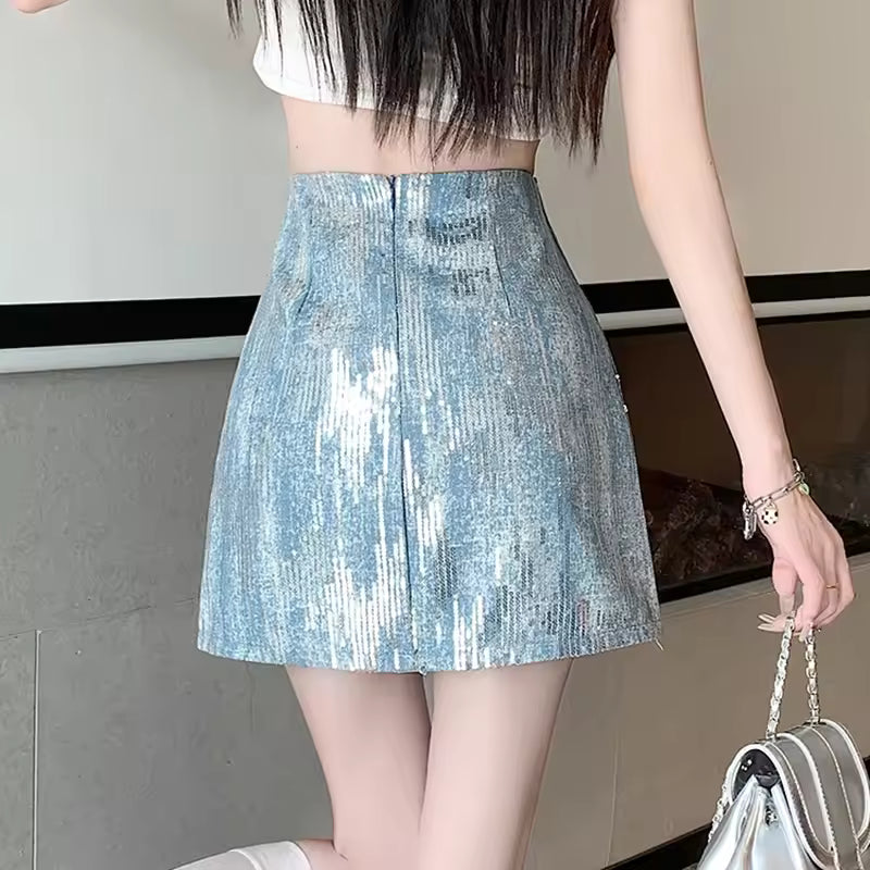 Casual Sequined A Line Mini Slim High Waist Skirts Streetwear Mssza