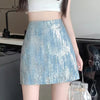 Casual Sequined A Line Mini Slim High Waist Skirts Streetwear Mssza