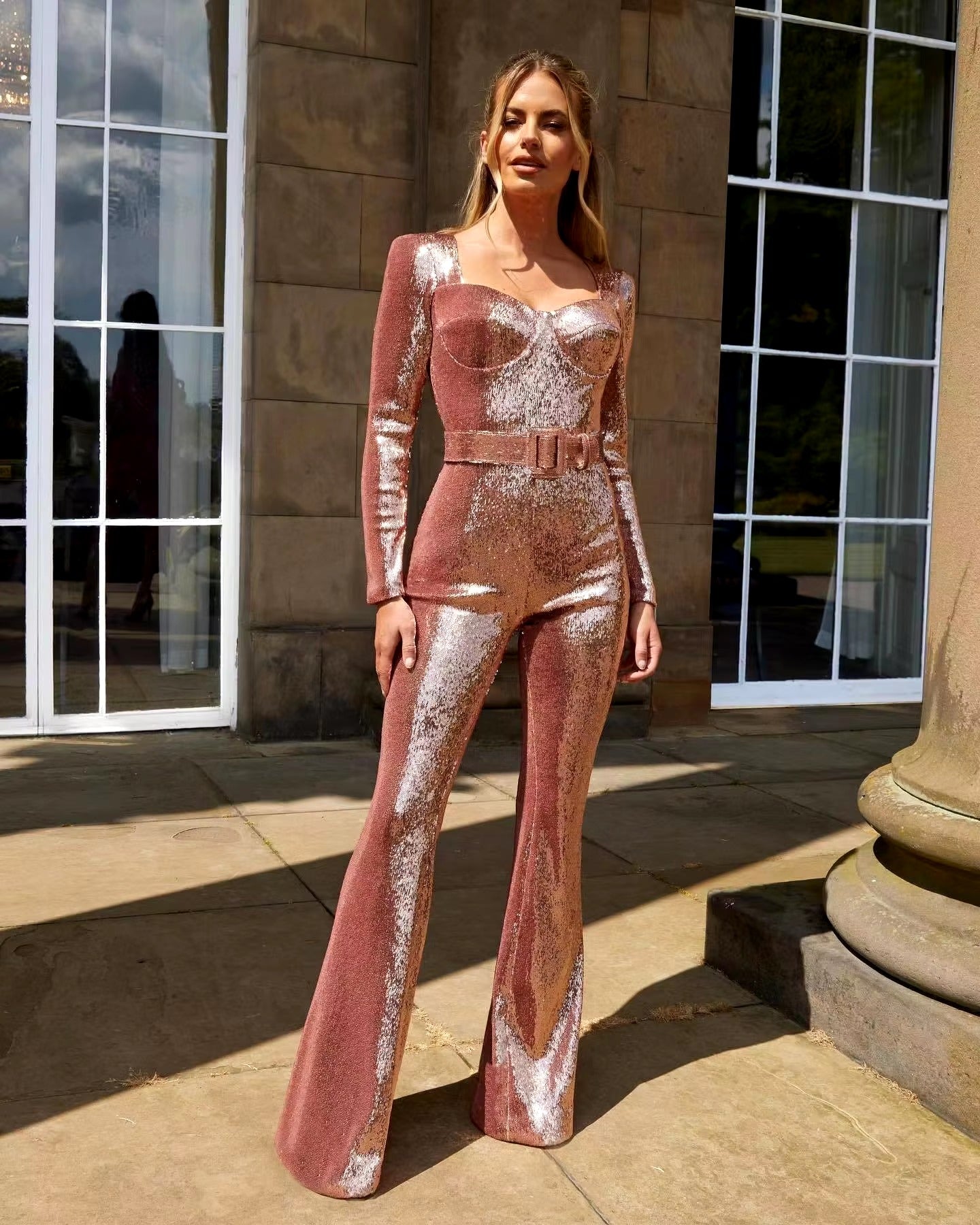 Casual Sequined Long Sleeve Belt Mopping Mid Waist Evening Jumpsuit Mssza