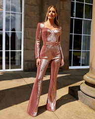 Casual Sequined Long Sleeve Belt Mopping Mid Waist Evening Jumpsuit Mssza