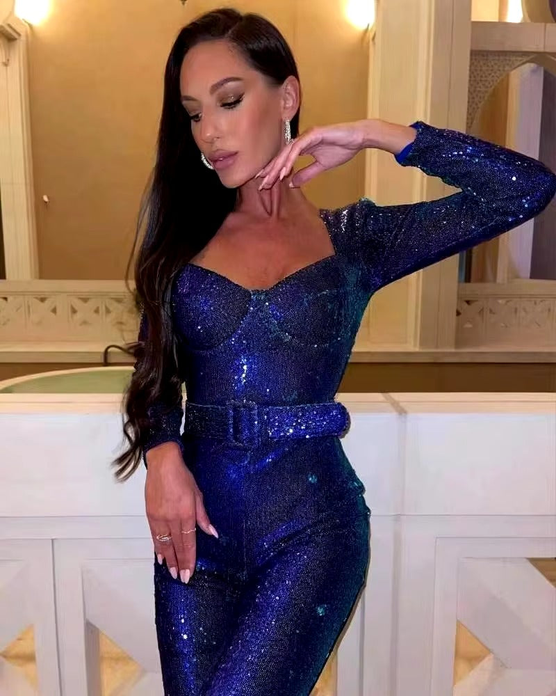 Casual Sequined Long Sleeve Belt Mopping Mid Waist Evening Jumpsuit Mssza