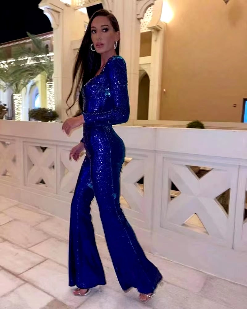 Casual Sequined Long Sleeve Belt Mopping Mid Waist Evening Jumpsuit Mssza