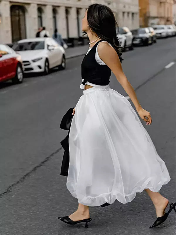 Casual Sheer Tulle A-line Layered Design Elastic Waist Long Skirt Mssza