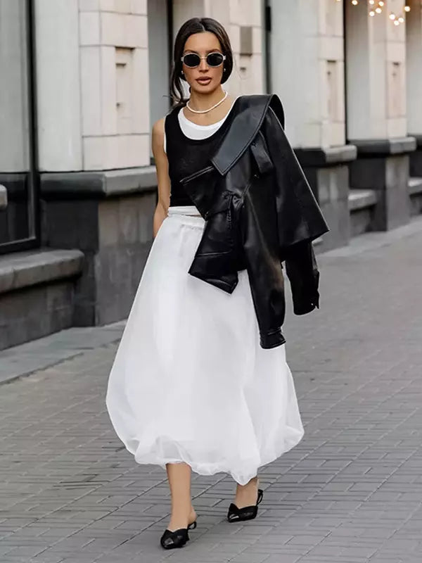 Casual Sheer Tulle A-line Layered Design Elastic Waist Long Skirt Mssza