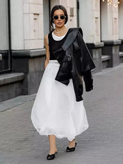 Casual Sheer Tulle A-line Layered Design Elastic Waist Long Skirt Mssza