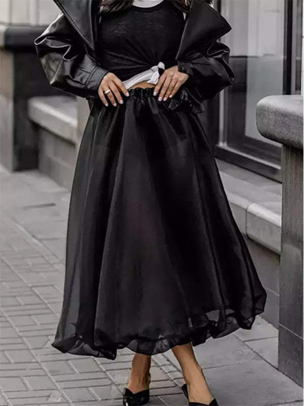 Casual Sheer Tulle A-line Layered Design Elastic Waist Long Skirt Mssza