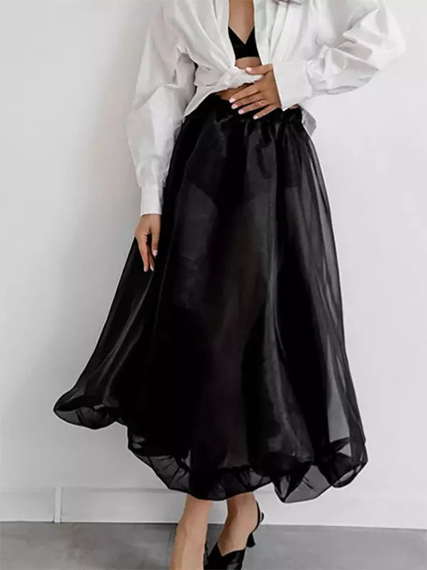 Casual Sheer Tulle A-line Layered Design Elastic Waist Long Skirt Mssza