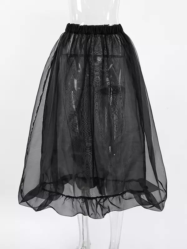 Casual Sheer Tulle A-line Layered Design Elastic Waist Long Skirt Mssza