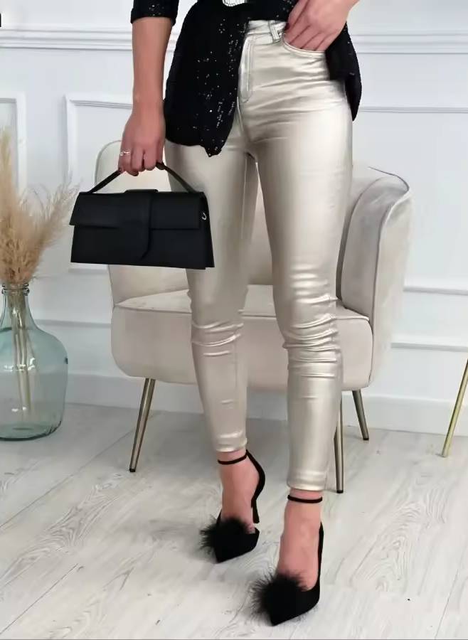 Casual Shinny Button Zipper Trousers Elastic Waist Pencil Pants Mssza