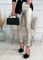 Casual Shinny Button Zipper Trousers Elastic Waist Pencil Pants Mssza