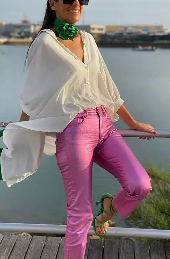 Casual Shinny Button Zipper Trousers Elastic Waist Pencil Pants Mssza