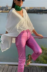 Casual Shinny Button Zipper Trousers Elastic Waist Pencil Pants Mssza