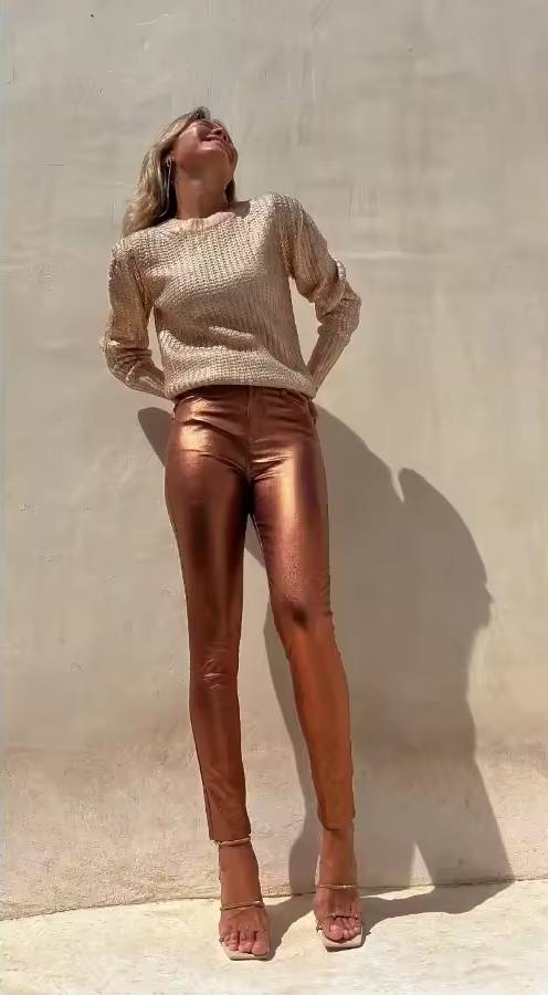 Casual Shinny Button Zipper Trousers Elastic Waist Pencil Pants Mssza