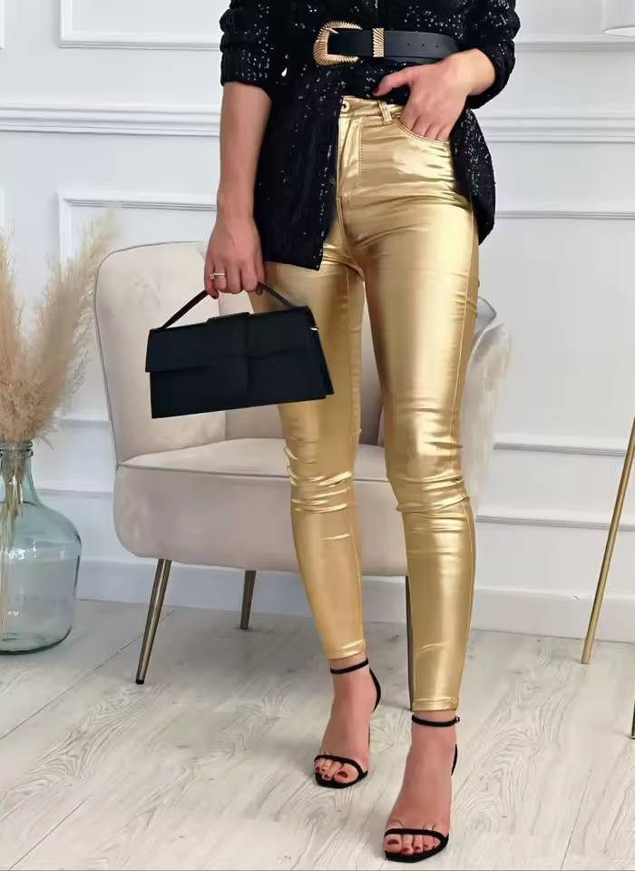 Casual Shinny Button Zipper Trousers Elastic Waist Pencil Pants Mssza