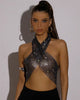 Casual Shiny Diamonds Fishnet Backless Halterneck Hollow Out Crop Tops Mssza