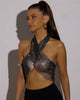 Casual Shiny Diamonds Fishnet Backless Halterneck Hollow Out Crop Tops Mssza