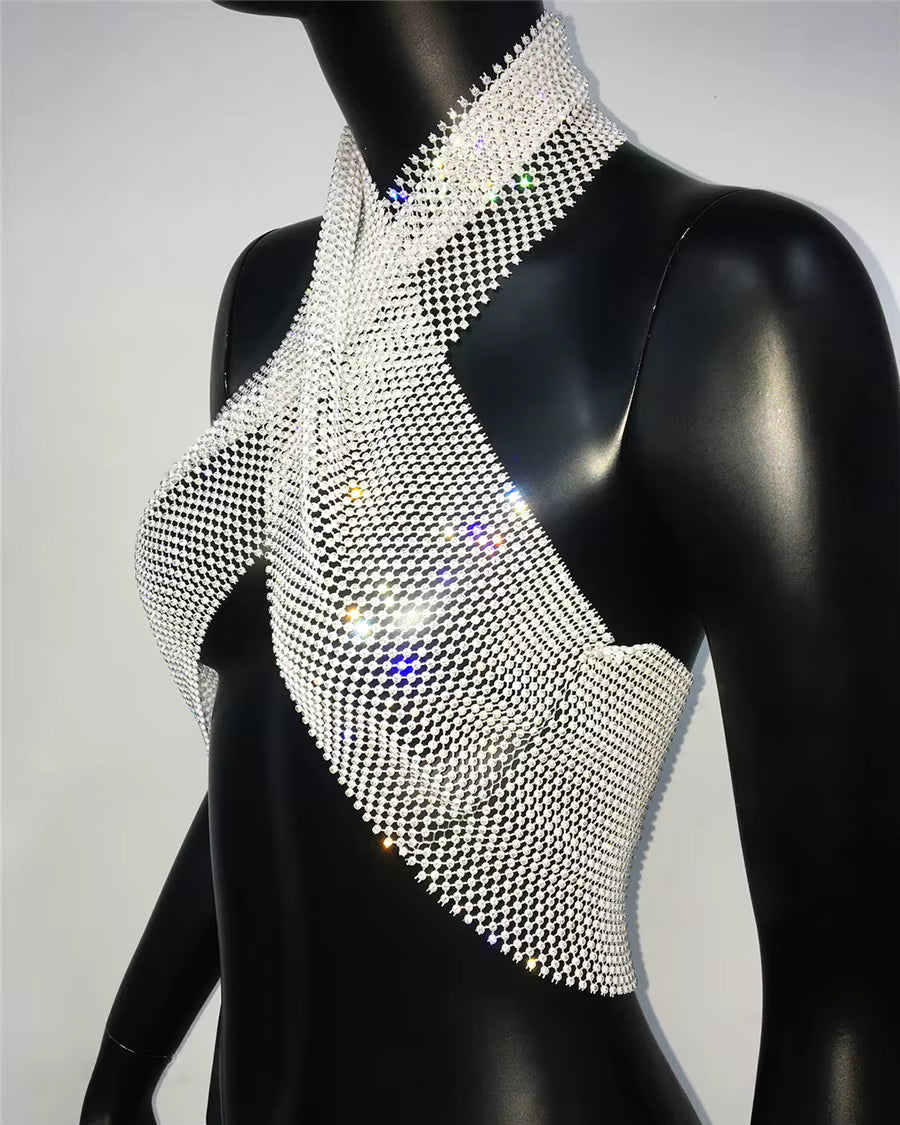 Casual Shiny Diamonds Fishnet Backless Halterneck Hollow Out Crop Tops Mssza