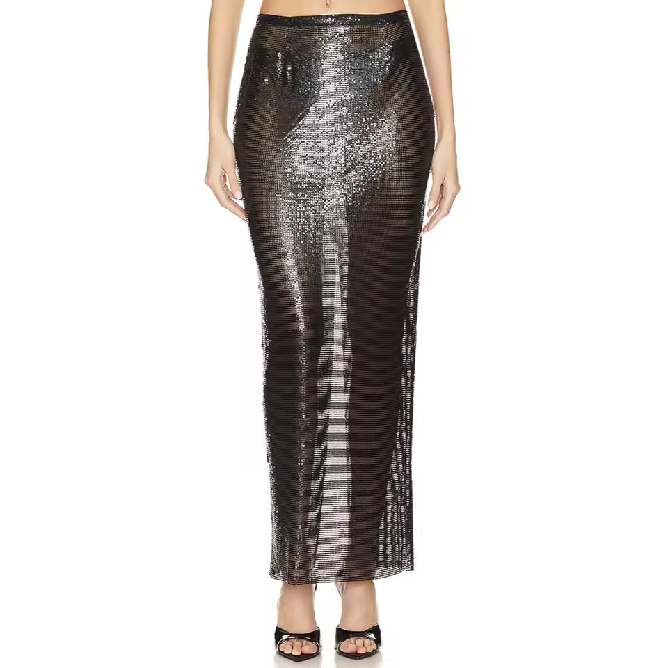 Casual Shiny Metallic Sequins Transparent Hollow Slit Bodycon Hand-sewn Midi Skirt Mssza