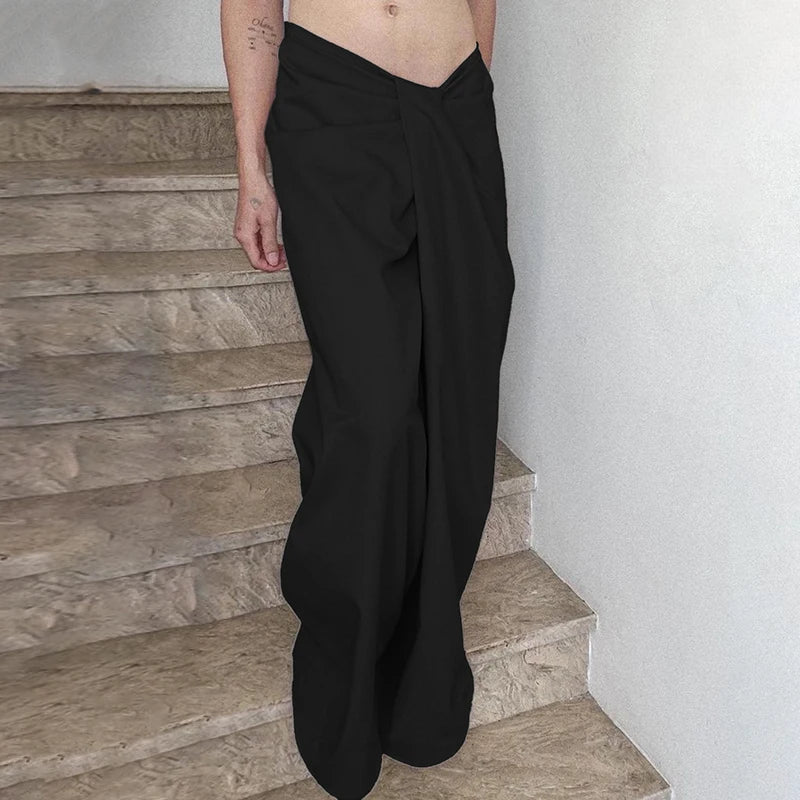 Casual Shirring Loose Fit Zipper Fly Folds Non Stretch Straight Pants Mssza