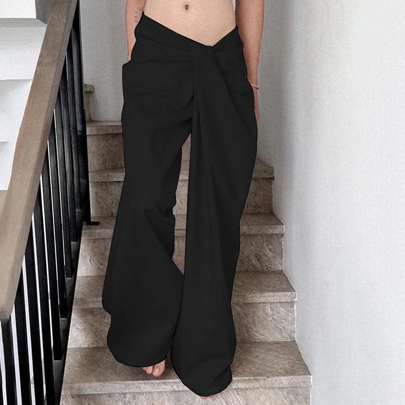 Casual Shirring Loose Fit Zipper Fly Folds Non Stretch Straight Pants Mssza