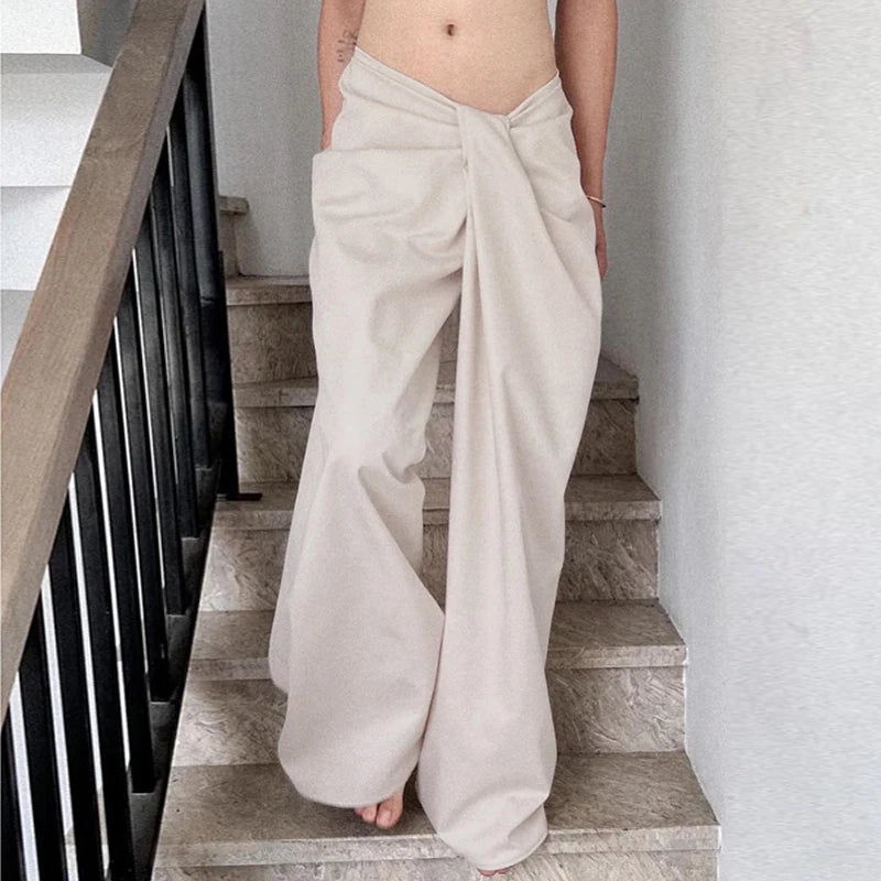 Casual Shirring Loose Fit Zipper Fly Folds Non Stretch Straight Pants Mssza