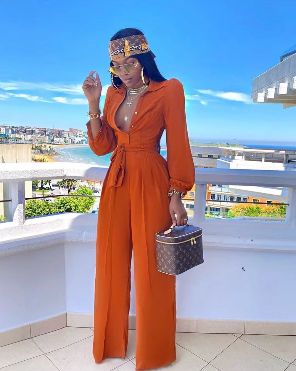 Casual Shirt Collar Polyester Two-Piece Suit Jumpsuits Mssza