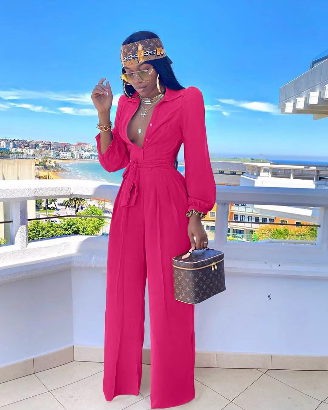 Casual Shirt Collar Polyester Two-Piece Suit Jumpsuits Mssza