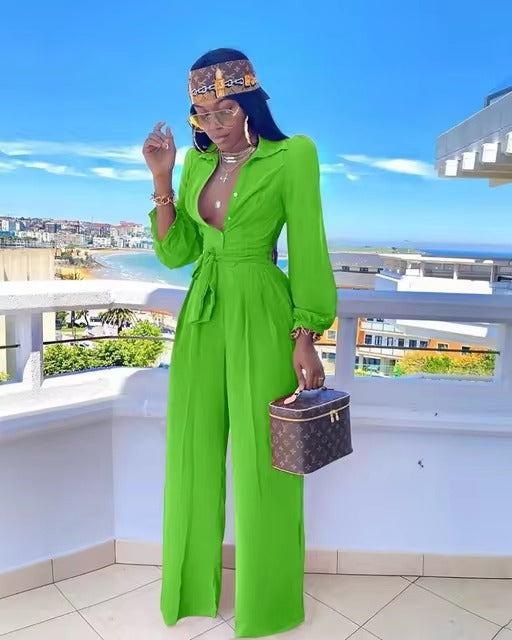Casual Shirt Collar Polyester Two-Piece Suit Jumpsuits Mssza