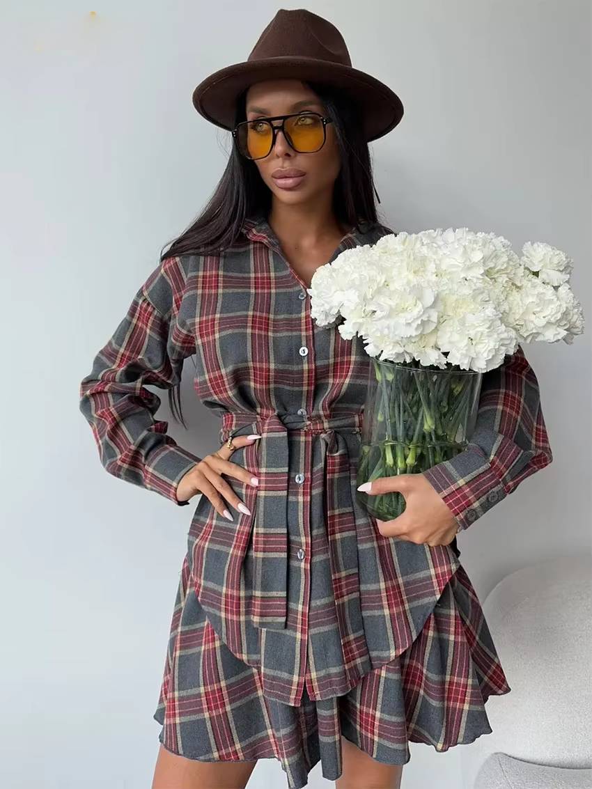 Casual Shirt With High Waist Mini Skirt Loose Plaid 2 Piece Sets Mssza