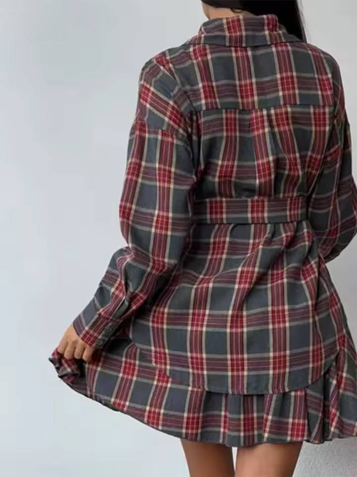 Casual Shirt With High Waist Mini Skirt Loose Plaid 2 Piece Sets Mssza