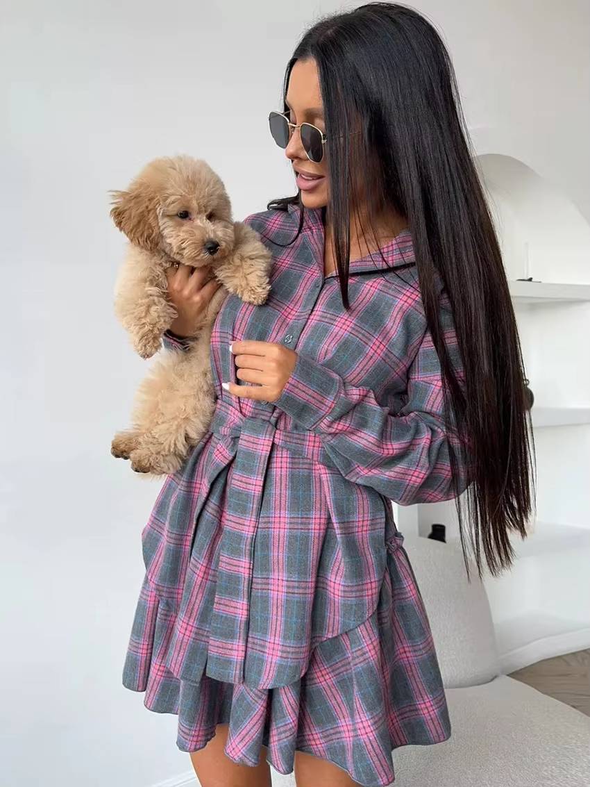Casual Shirt With High Waist Mini Skirt Loose Plaid 2 Piece Sets Mssza