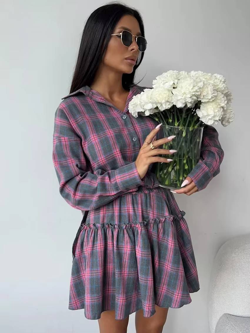 Casual Shirt With High Waist Mini Skirt Loose Plaid 2 Piece Sets Mssza