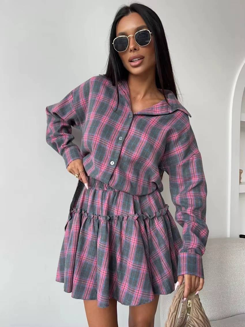 Casual Shirt With High Waist Mini Skirt Loose Plaid 2 Piece Sets Mssza
