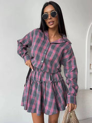 Casual Shirt With High Waist Mini Skirt Loose Plaid 2 Piece Sets Mssza