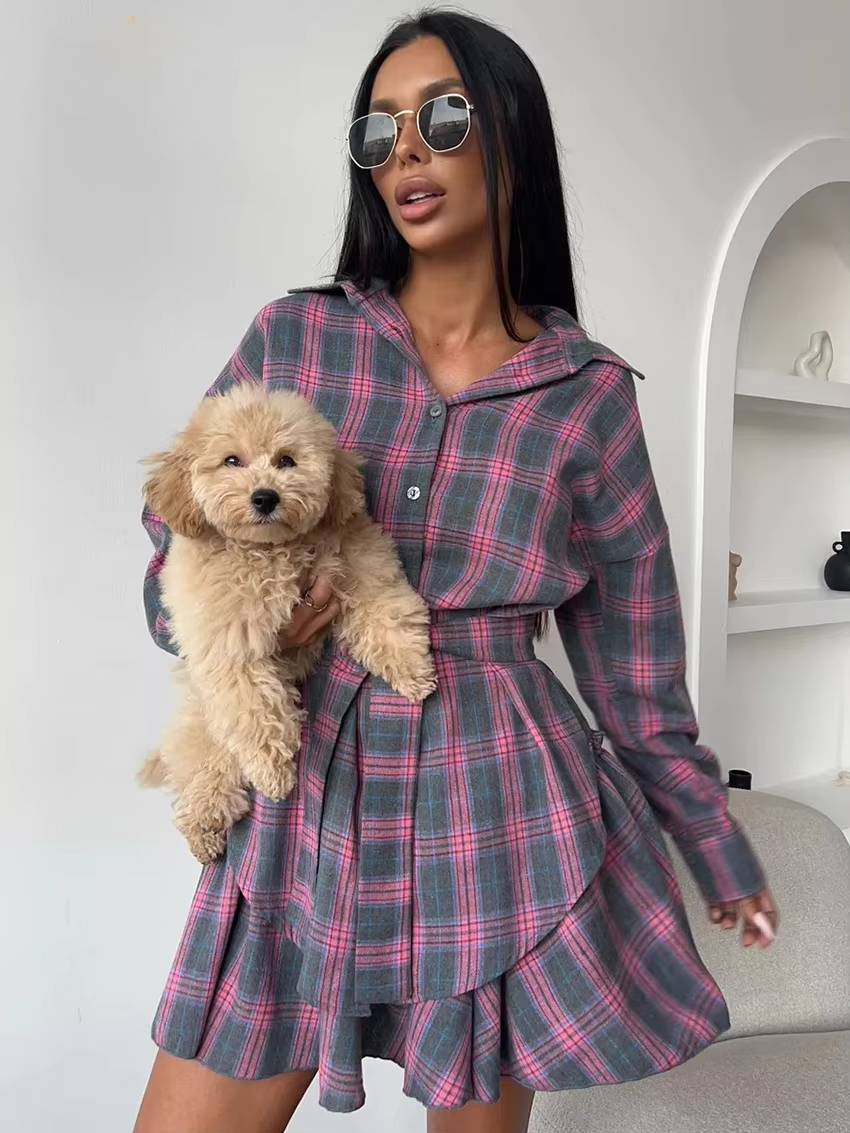 Casual Shirt With High Waist Mini Skirt Loose Plaid 2 Piece Sets Mssza