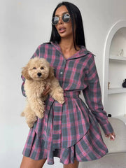 Casual Shirt With High Waist Mini Skirt Loose Plaid 2 Piece Sets Mssza