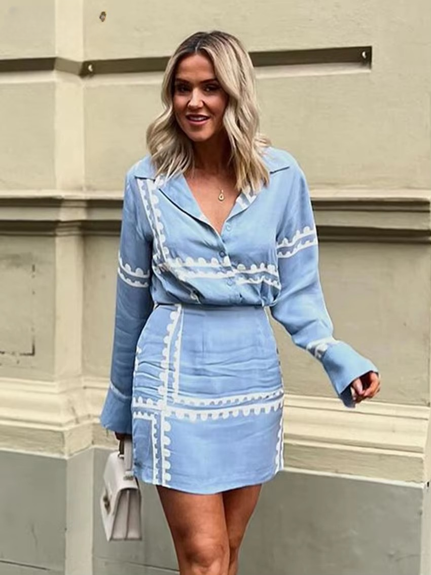 Casual Shirt With High Waist Mini Skirts Loose Print 2 Piece Sets Mssza