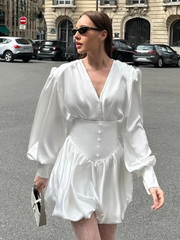 Casual Shirt With High Waist Pleated Mini Skirt Loose Satin 2 Piece Set Mssza