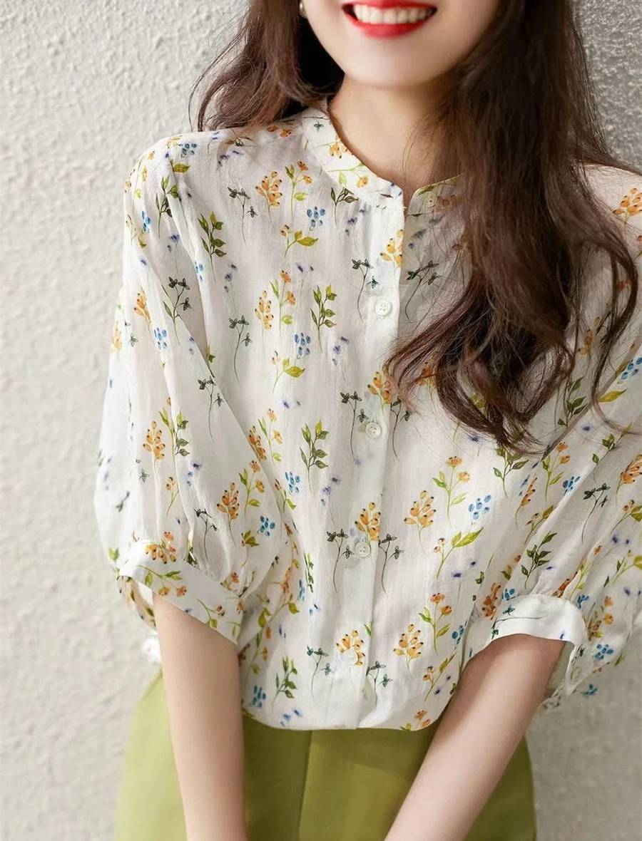 Casual Short Puff Sleeve Stand Collar Flower Printed Shirts Blouses Mssza