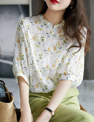 Casual Short Puff Sleeve Stand Collar Flower Printed Shirts Blouses Mssza