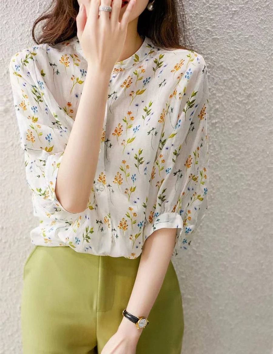 Casual Short Puff Sleeve Stand Collar Flower Printed Shirts Blouses Mssza