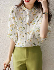 Casual Short Puff Sleeve Stand Collar Flower Printed Shirts Blouses Mssza
