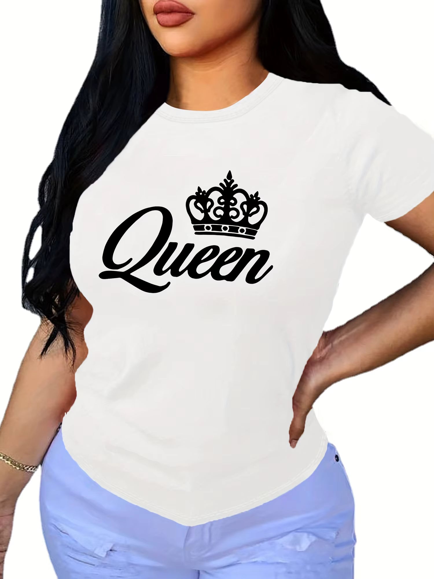 Casual Short Sleeve Crown Letter Print Crew Neck High Stretch T-Shirt Mssza