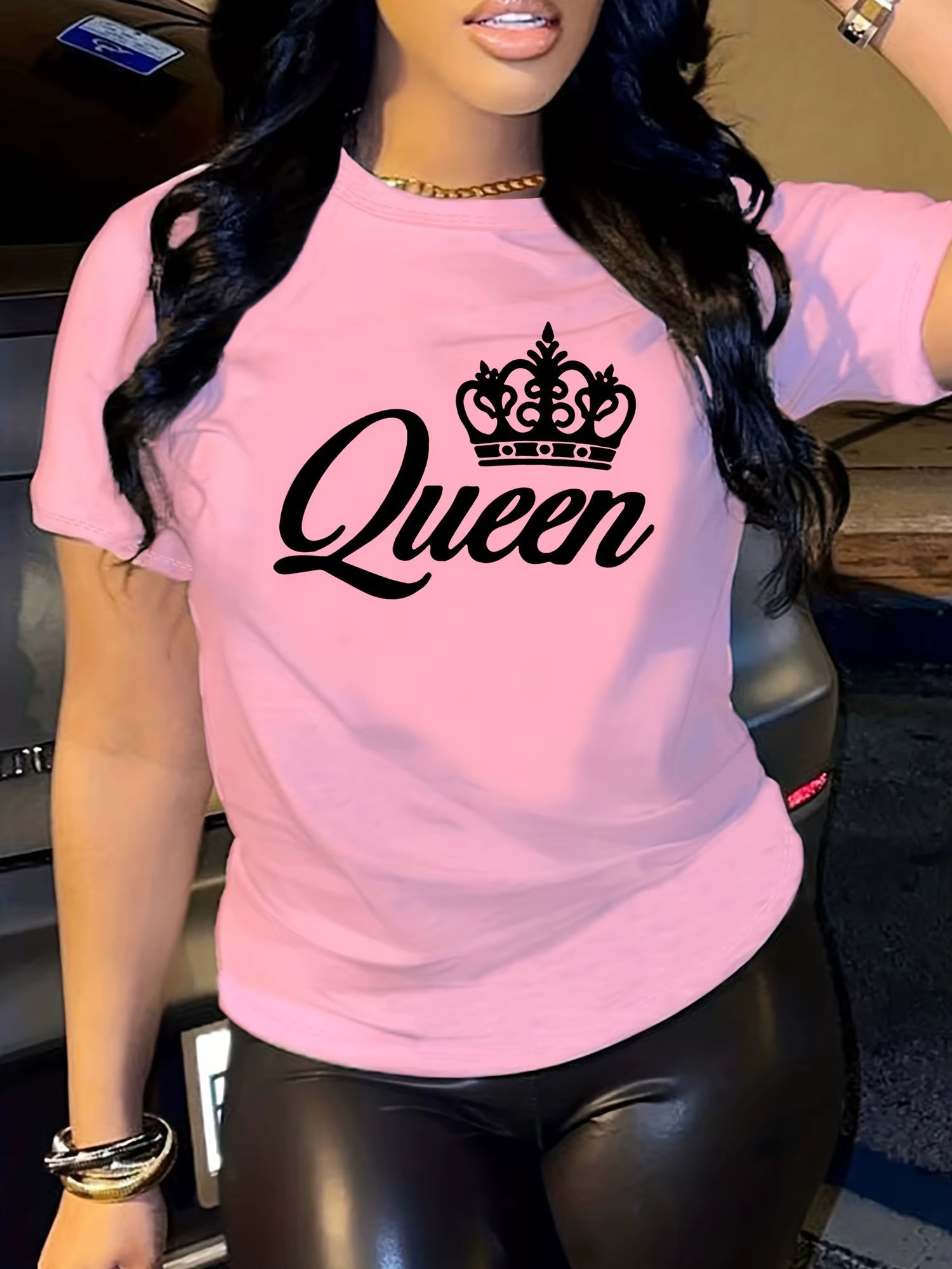 Casual Short Sleeve Crown Letter Print Crew Neck High Stretch T-Shirt Mssza