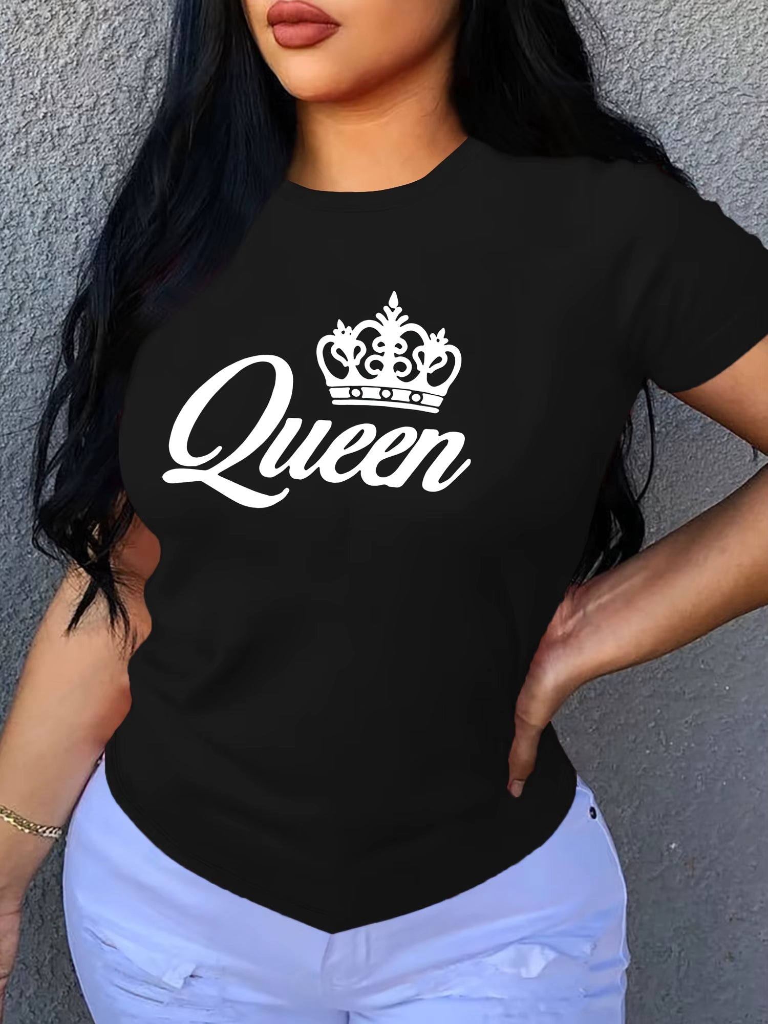 Casual Short Sleeve Crown Letter Print Crew Neck High Stretch T-Shirt Mssza