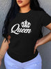 Casual Short Sleeve Crown Letter Print Crew Neck High Stretch T-Shirt Mssza